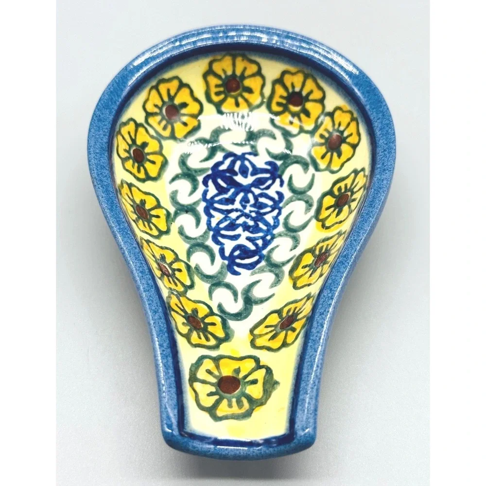 Unikat Polish Pottery Spoon Rest Blue Yellow Floral L Burnicki Boleslawiec